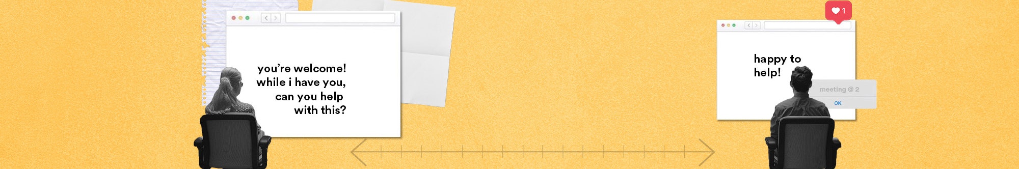 two people sitting in office chairs with chat screens in front of them