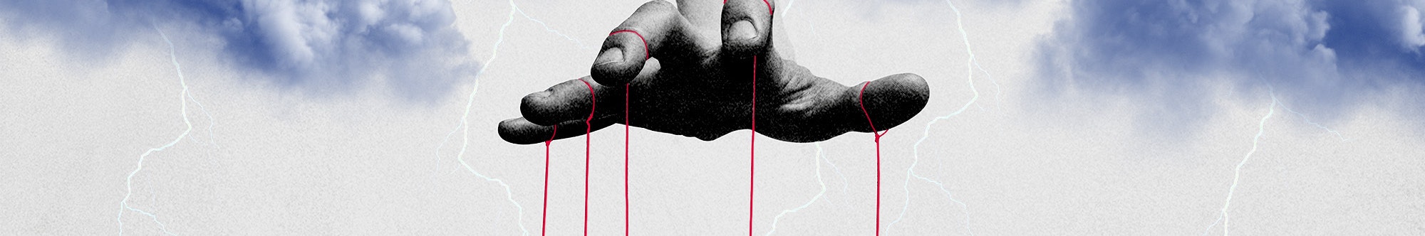 A hand reaching out of the clouds in the sky with a puppet string attached to each finger