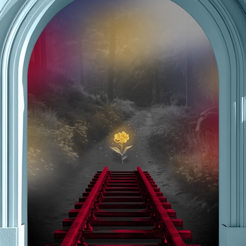 a stone arch with a railroad track going through it and off into a distant fog with a gold flower in the distance over the track