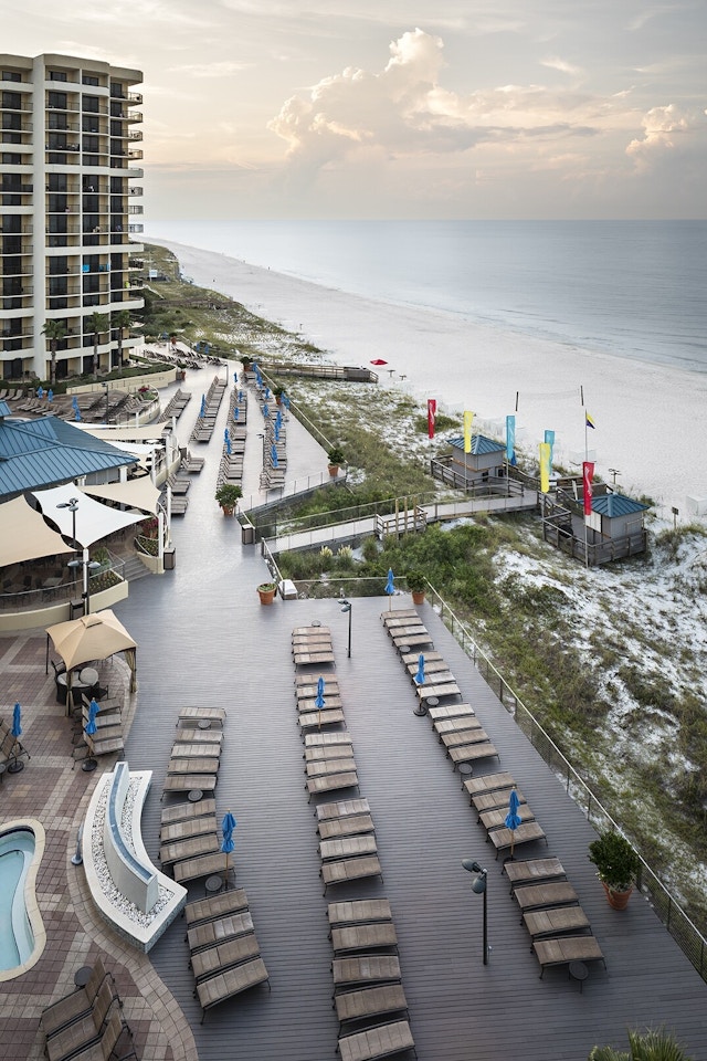 overhead view of a deck overlooking the beach