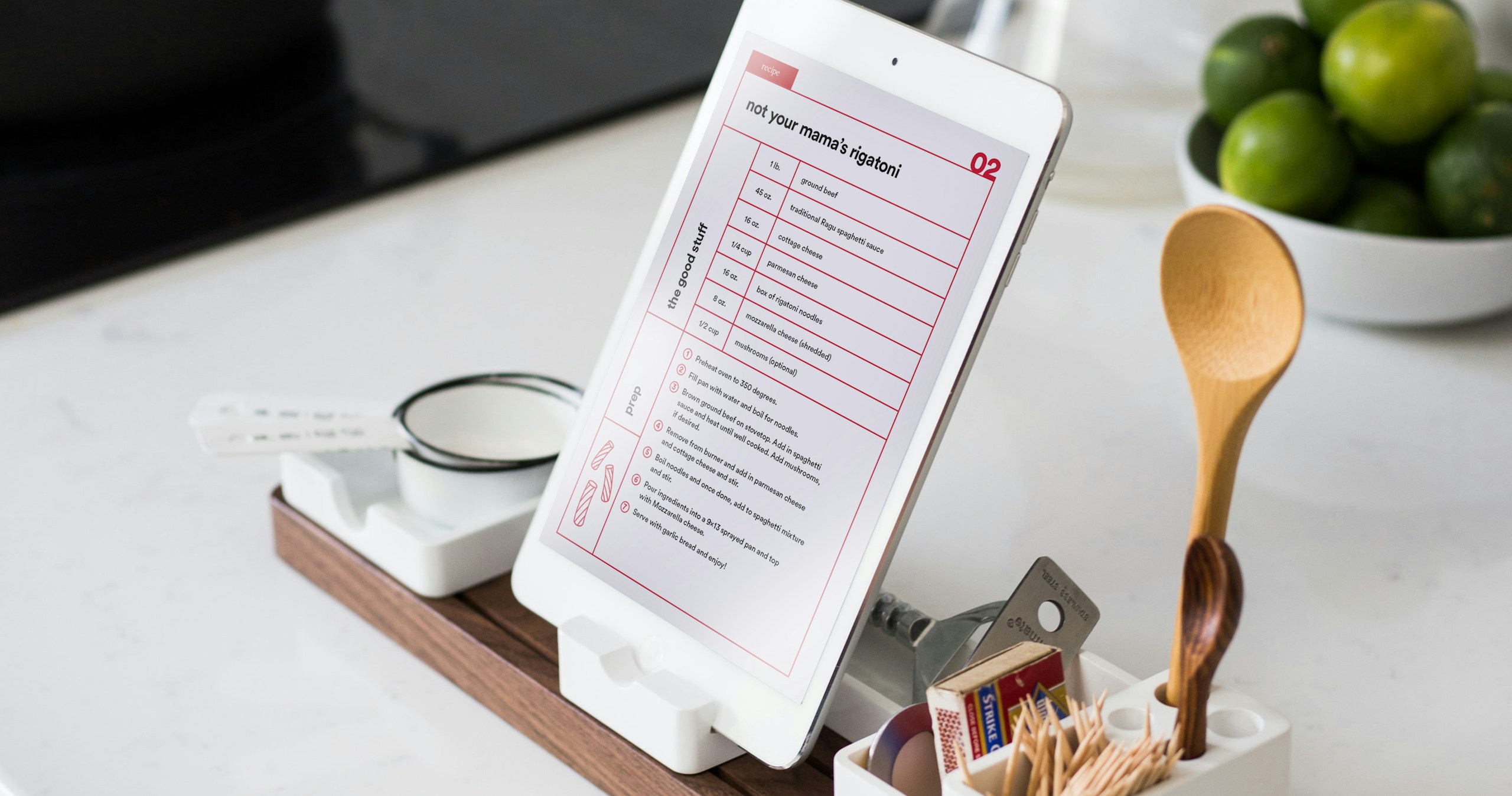 tablet on kitchen counter with recipe on it