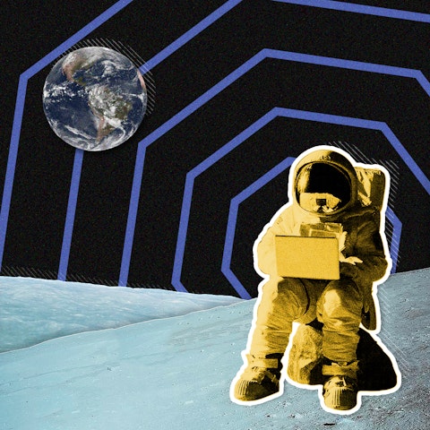 astronaut floating above the moon with the earth in the background