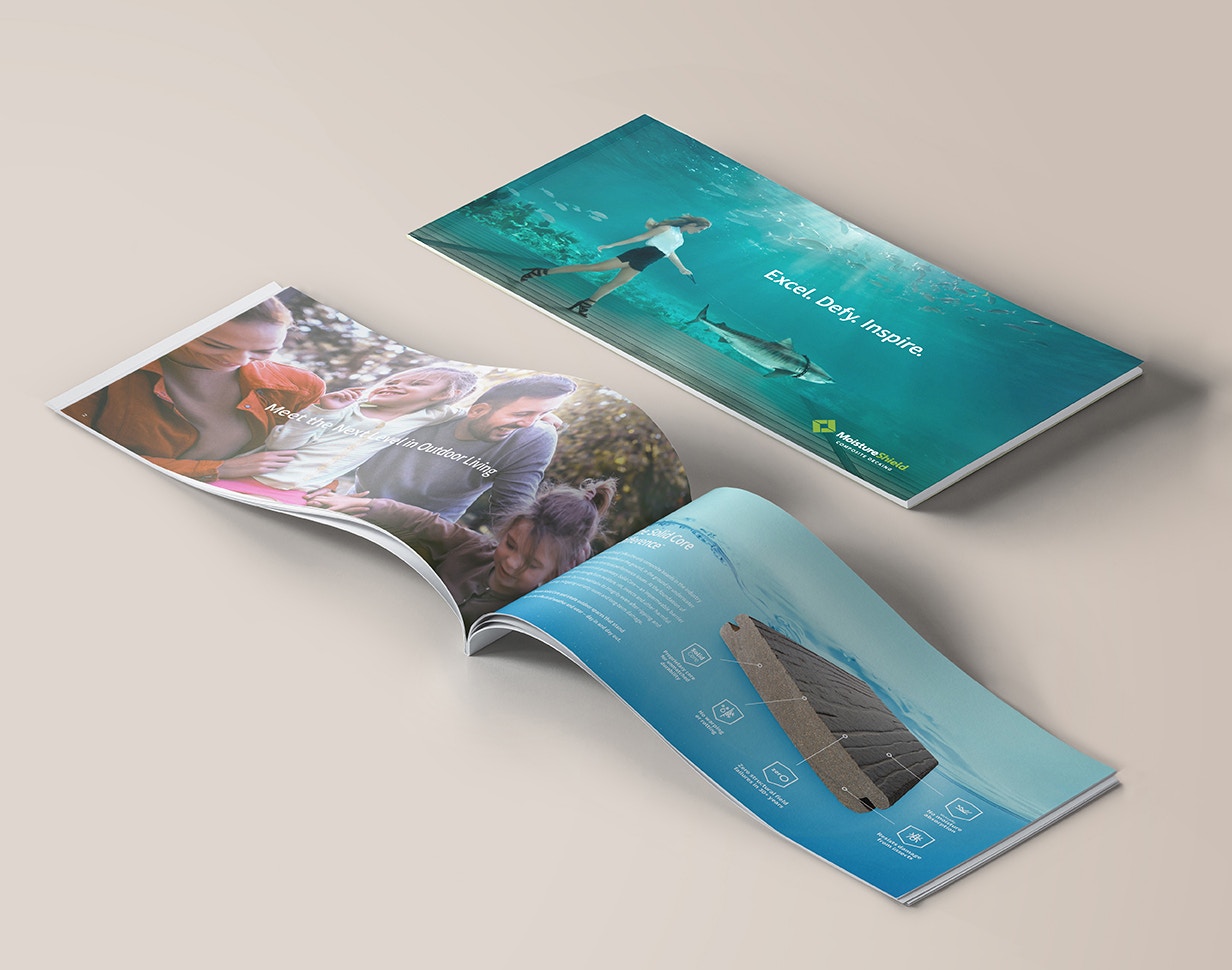 MoistureShield brand brochure open on a desktop