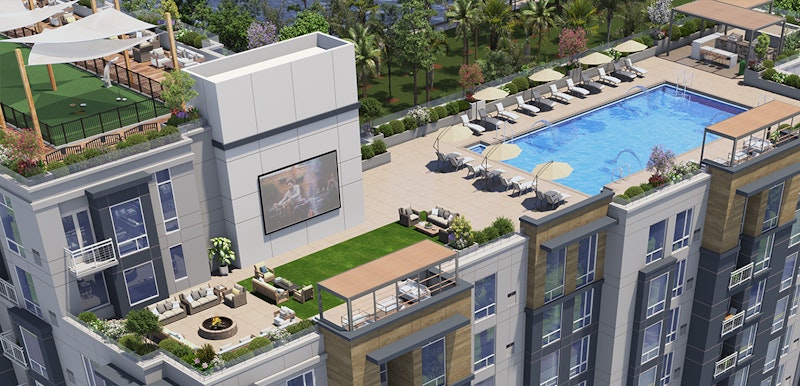overhead view of an apartment building roof using MagicPak with a pool and lounge space