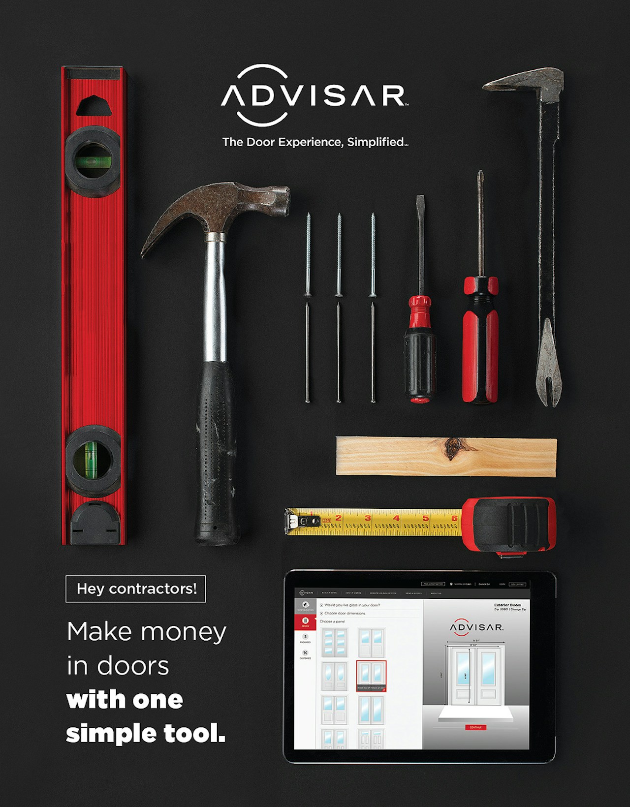 contractor tools laid out neatly with the Advisar brouchure