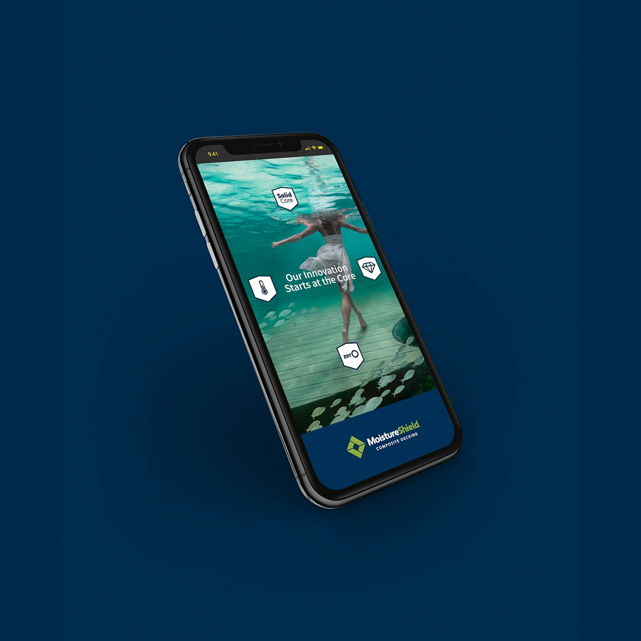 iphone mockup of moistureshield ad of lady walking on underwater deck