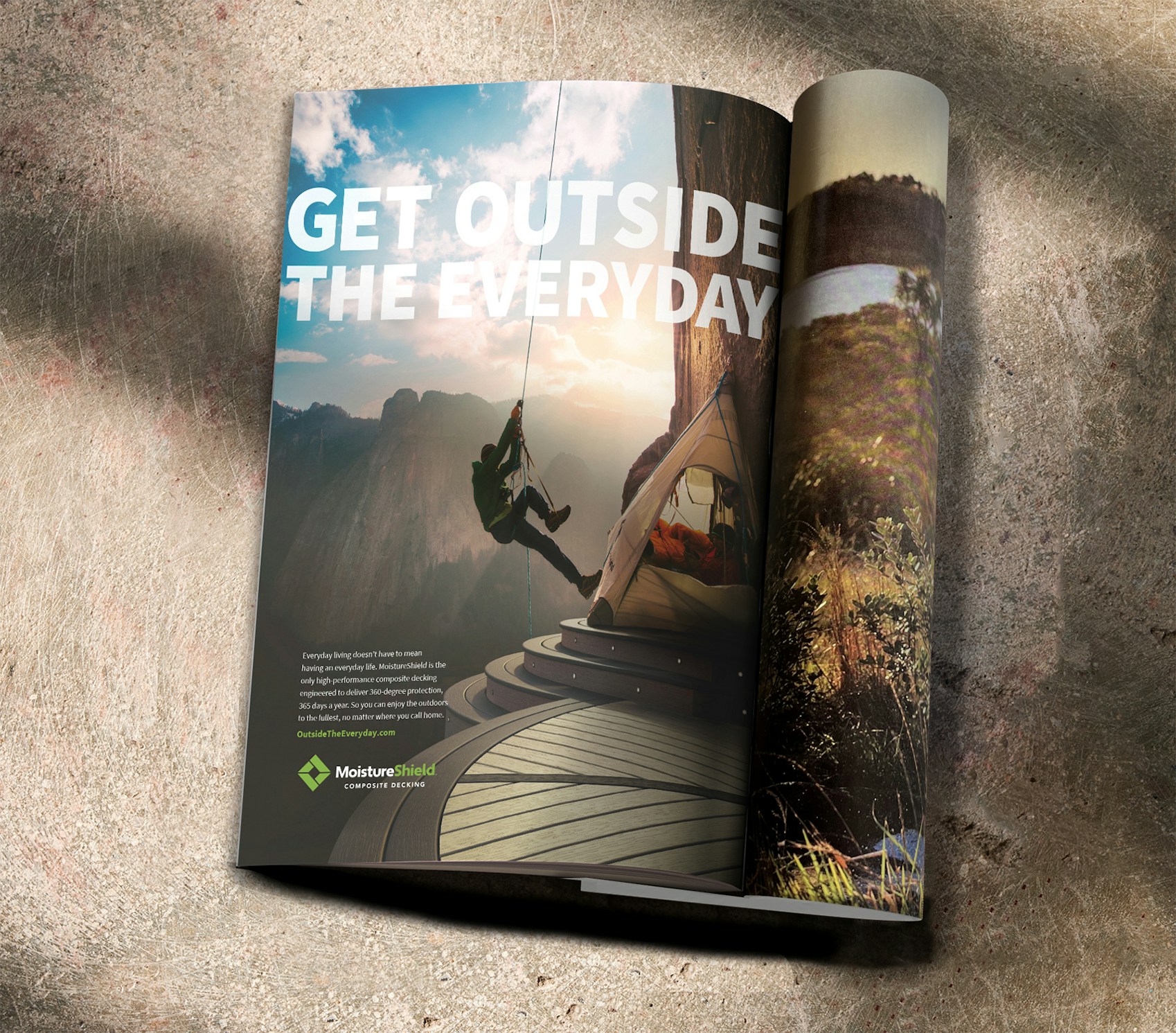 Magazine open to MoistureShield print ad