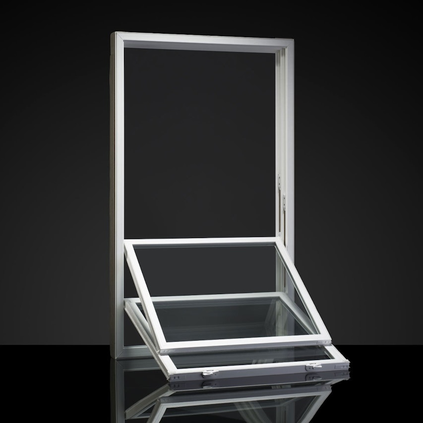 Miter double hung window on black background