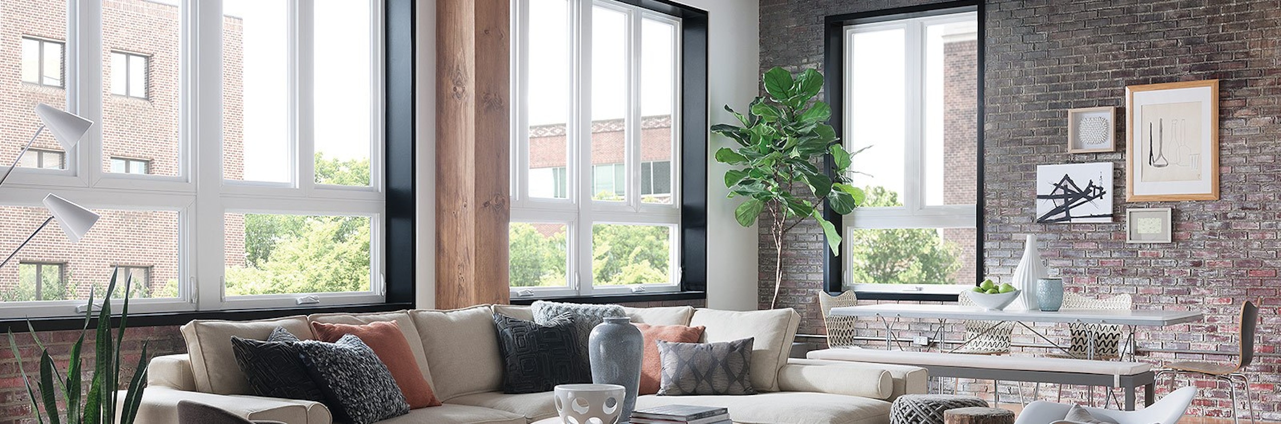 interior living room with city view out the windows