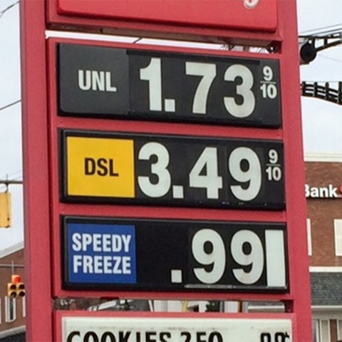 Gas station sign with the prices for unleaded, diesel and a speedy freeze on it