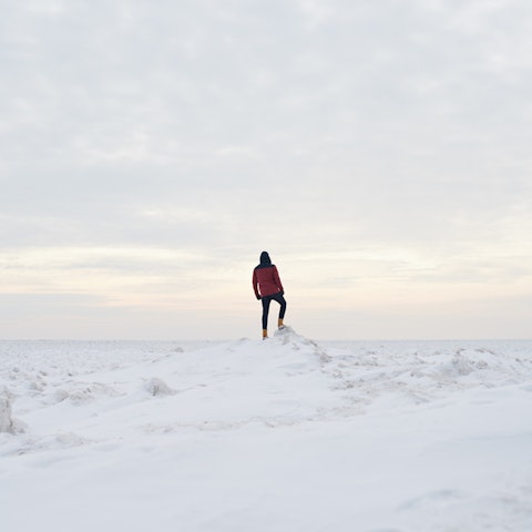 person standing on a mound of snow in a barren snow-covered waist land